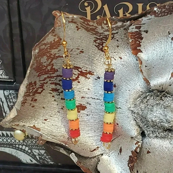 Rainbow LGBTQ Chakras Yoga Pride Beads Hand Crafted Gold Plated Earrings - Picture 2 of 10
